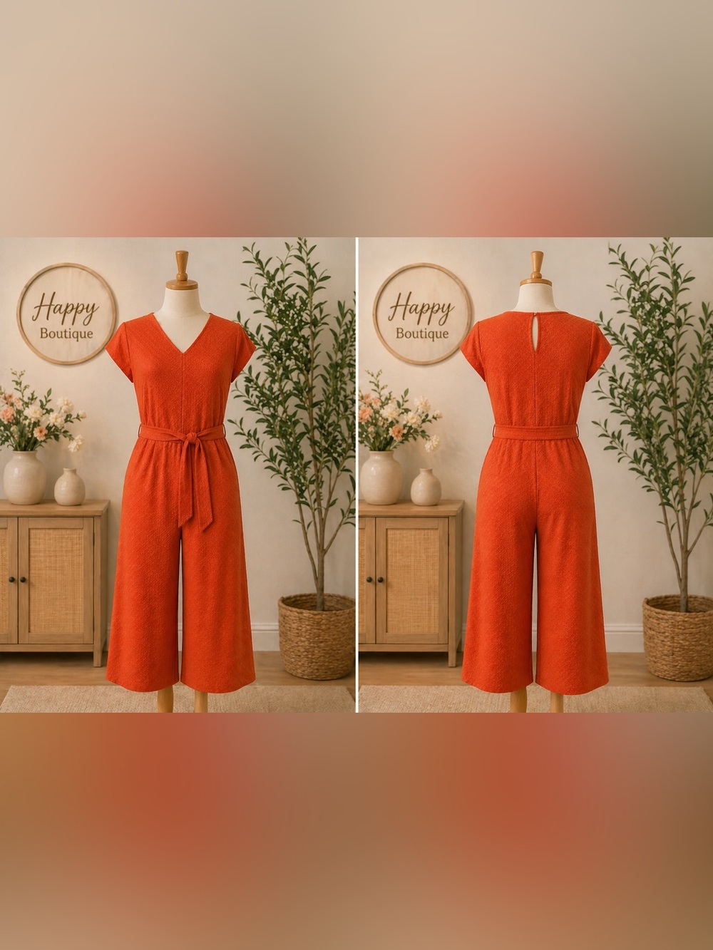Cupio V-Neck Short Sleeve Jumpsuit in Orange XL Orange Textured Jumpsuit w/ Belt